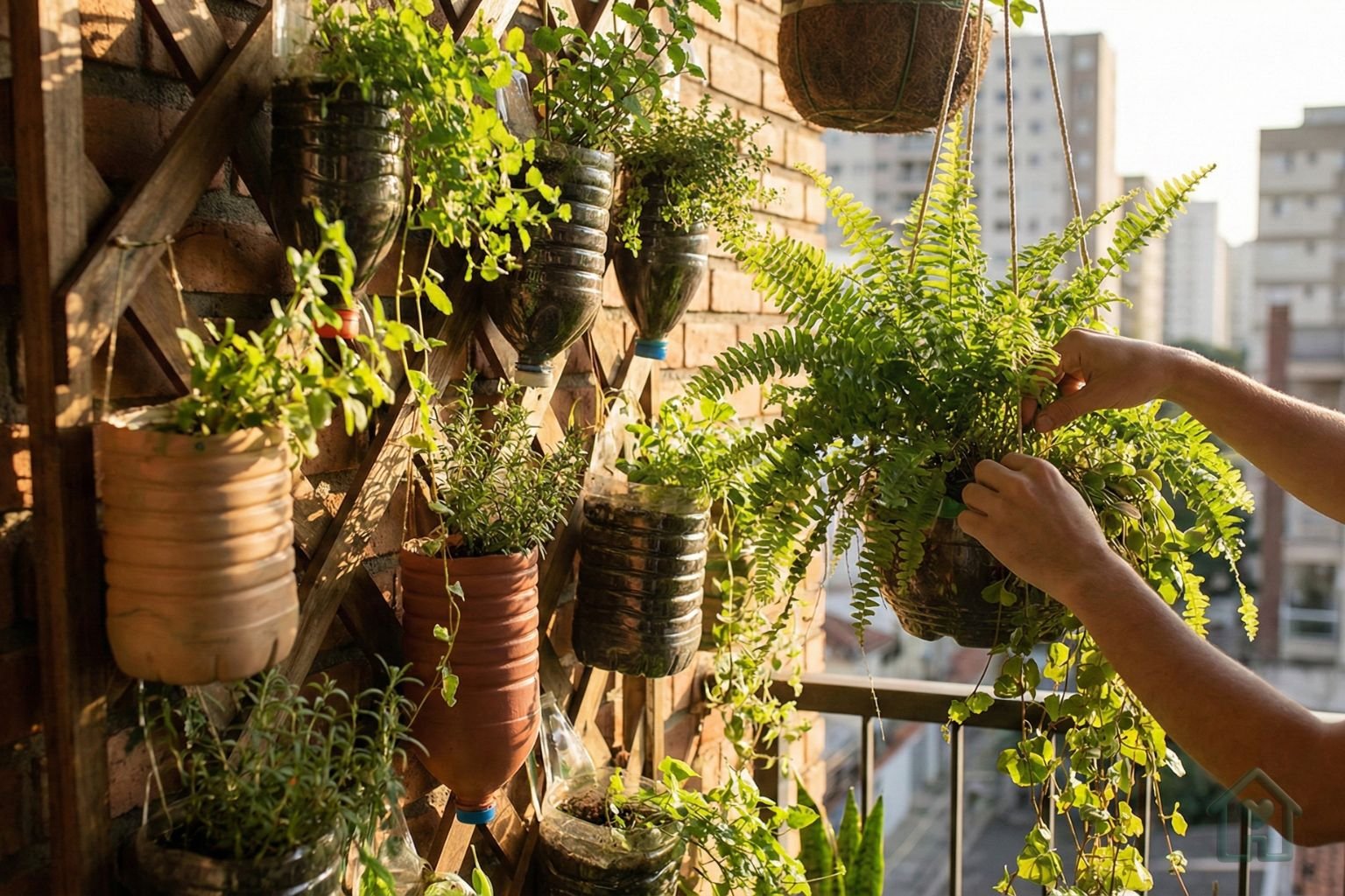Pessoa cuidando de um Jardim Vertical com Vasos Reciclados de garrafa PET em uma varanda ensolarada.