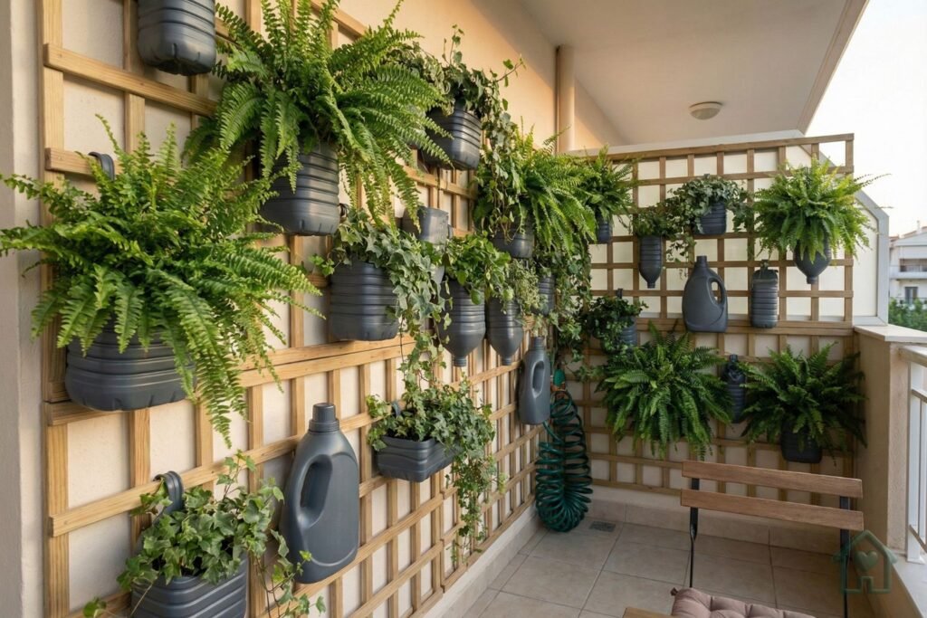 Jardim vertical em sacada pequena utilizando garrafas recicladas pintadas e treliça de madeira para otimização de espaço.