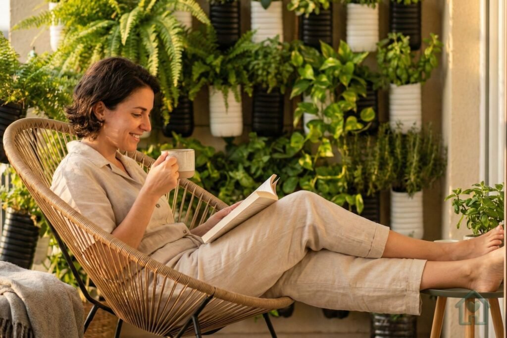 Morador relaxando em sacada decorada com jardim vertical sustentável feito de garrafas recicladas.
