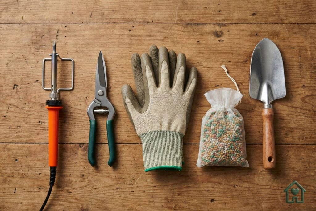 Ferramentas para montar jardim vertical com vasos reciclados". Kit de ferramentas essenciais para jardinagem em vasos, incluindo ferro de solda, pá e adubo, organizados sobre mesa de madeira. 