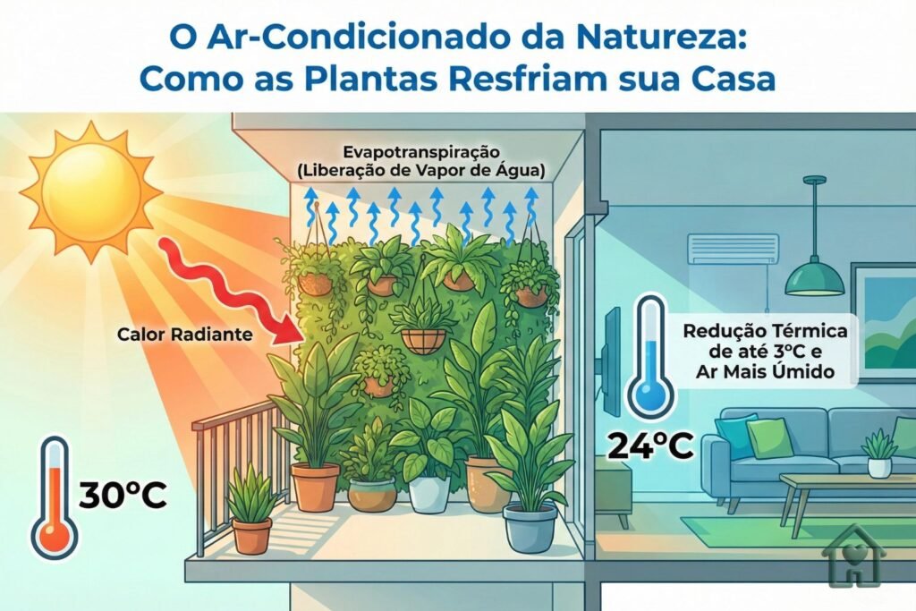 O Ar-Condicionado da Natureza: Como as Plantas Resfriam sua Casa
Visual: Diagrama de uma sacada em corte lateral.

O Sol: Um sol forte batendo na parede externa. Seta vermelha indicando "Calor Radiante".

A Barreira Verde: Desenho dos vasos na parede bloqueando o sol.

O Processo: Setinhas azuis saindo das folhas das plantas. Texto: "Evapotranspiração (Liberação de Vapor de Água)".

O Resultado: Um termômetro dentro da sala marcando 24°C, enquanto fora marca 30°C. Texto: "Redução Térmica de até 3°C e Ar Mais Úmido".