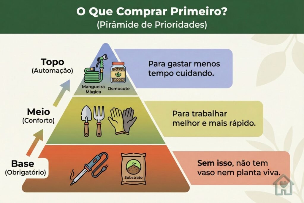O Que Comprar Primeiro? (Pirâmide de Prioridades)
Formato: Pirâmide (Base para o Topo).

Base (Obrigatório): Desenho de Ferro de Solda + Substrato. Texto: "Sem isso, não tem vaso nem planta viva."

Meio (Conforto): Desenho de Kit Pazinha + Luvas. Texto: "Para trabalhar melhor e mais rápido."

Topo (Automação): Desenho de Mangueira Mágica + Osmocote. Texto: "Para gastar menos tempo cuidando."
