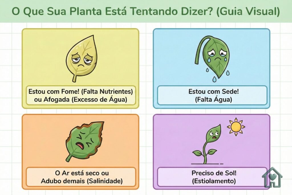 O Que Sua Planta Está Tentando Dizer? (Guia Visual)
Layout: 4 Folhas com "Expressões Faciais".

Folha Amarela: Desenho de folha pálida. Texto: "Estou com Fome! (Falta Nutrientes) ou Afogada (Excesso de Água)".

Folha Murcha (Caída): Desenho de folha triste para baixo. Texto: "Estou com Sede! (Falta Água)".

Pontas Queimadas (Secas): Desenho de folha com borda marrom. Texto: "O Ar está seco ou Adubo demais (Salinidade)".

Caule Longo e Fino: Desenho de planta esticada procurando luz. Texto: "Preciso de Sol! (Estiolamento)".