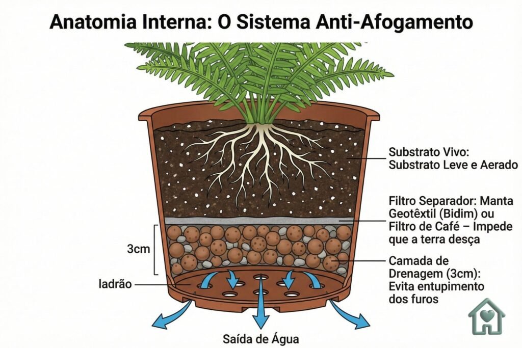 Anatomia Interna: O Sistema Anti-Afogamento
Tipo: Corte Transversal (Cross-section) do Vaso Pronto.
Camadas (de baixo para cima, com setas indicando o fluxo da água):

Base do Vaso Plástico: Mostrando os furos de drenagem no fundo e os furos "ladrão" nas laterais. Seta azul saindo deles: "Saída de Água".

Camada de Drenagem (3cm): Desenho de bolinhas marrons (Argila Expandida) ou pedrinhas. Texto: "Evita entupimento dos furos".

Filtro Separador: Uma linha fina de tecido cinza. Texto: "Manta Geotêxtil (Bidim) ou Filtro de Café – Impede que a terra desça".

Substrato Vivo: Camada grossa de terra escura com pontinhos brancos (perlita). Texto: "Substrato Leve e Aerado".

A Planta: Raízes saudáveis espalhadas no substrato e a planta verde saindo no topo.