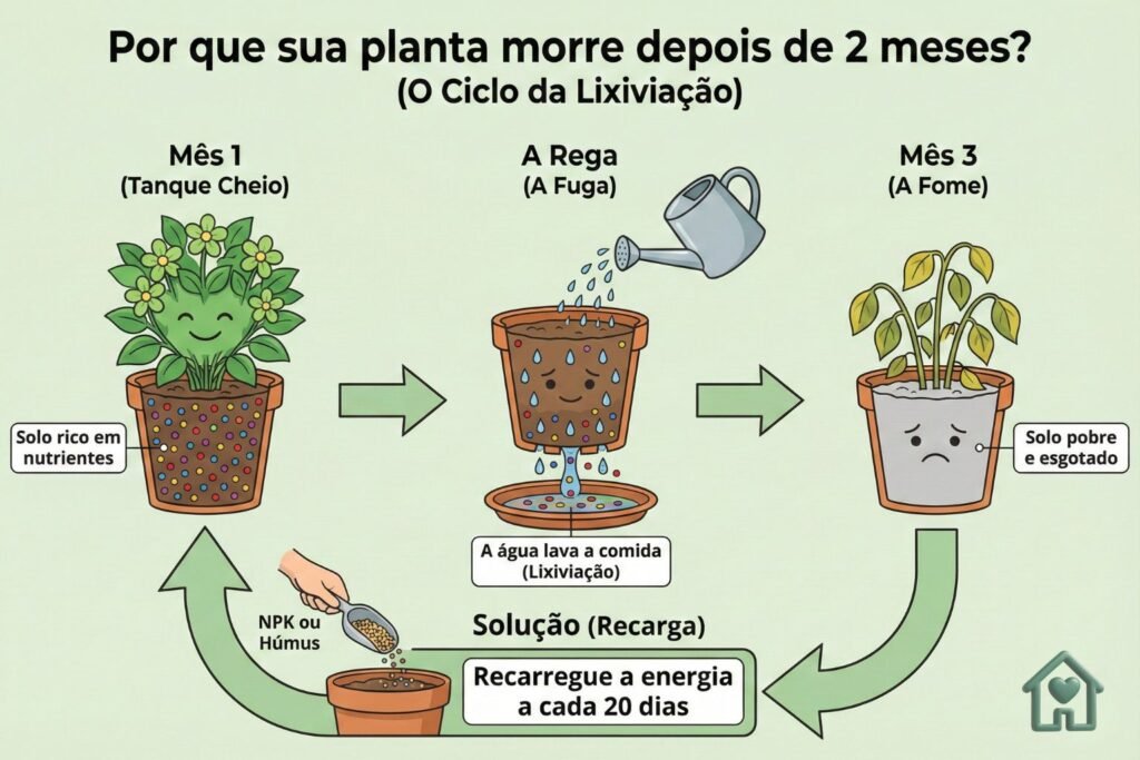 Por que sua planta morre depois de 2 meses? (O Ciclo da Lixiviação)
Visual: Um fluxo de 3 passos.

Mês 1 (Tanque Cheio): Desenho de um vaso com terra cheia de pontinhos coloridos (nutrientes). Planta feliz.

A Rega (A Fuga): Desenho de um regador jogando água. Embaixo do vaso, a água sai levando os pontinhos coloridos embora. Texto: "A água lava a comida (Lixiviação)".

Mês 3 (A Fome): Solo cinza sem pontinhos. Planta murcha/amarela.
Solução (Seta Grande): Desenho de uma mão colocando adubo (NPK ou Húmus). Texto: "Recarregue a energia a cada 20 dias".