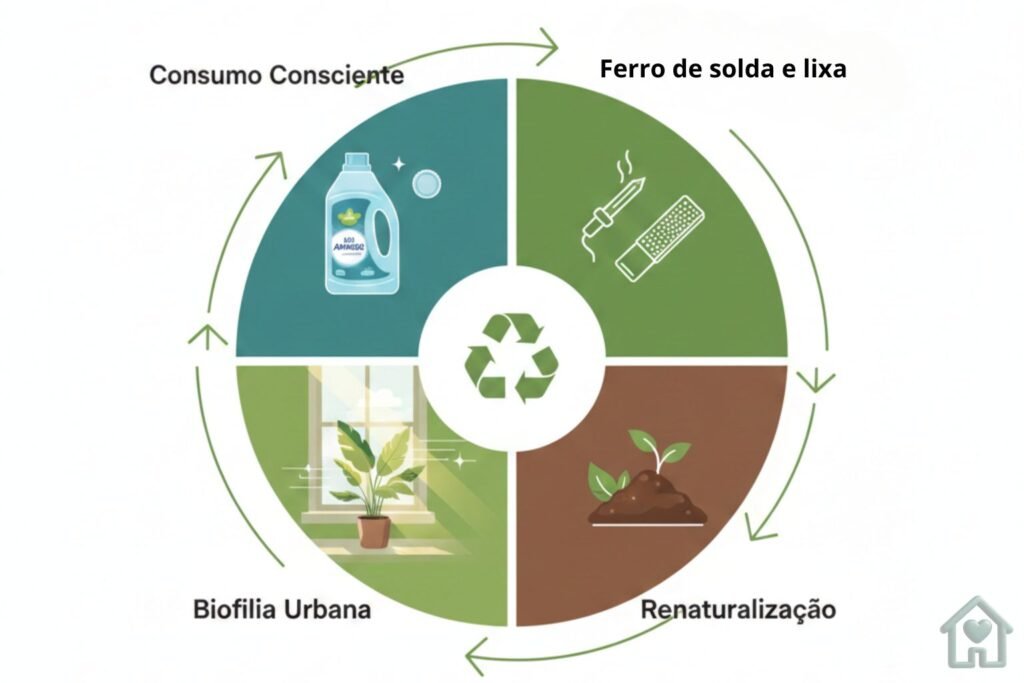 O Ciclo do Ouro Plástico
Estrutura Visual: Um diagrama circular de 4 passos.

Consumo Consciente: Imagem de uma embalagem de amaciante vazia.

Intervenção Técnica: Ícone de um ferro de solda e lixa (transformação).

Renaturalização: Ícone de terra, adubo e muda sendo plantada.

Biofilia Urbana: Imagem da planta purificando o ar da casa.
Texto de apoio: "Cada 1kg de plástico reutilizado evita a emissão de 1.5kg de CO2 na atmosfera."