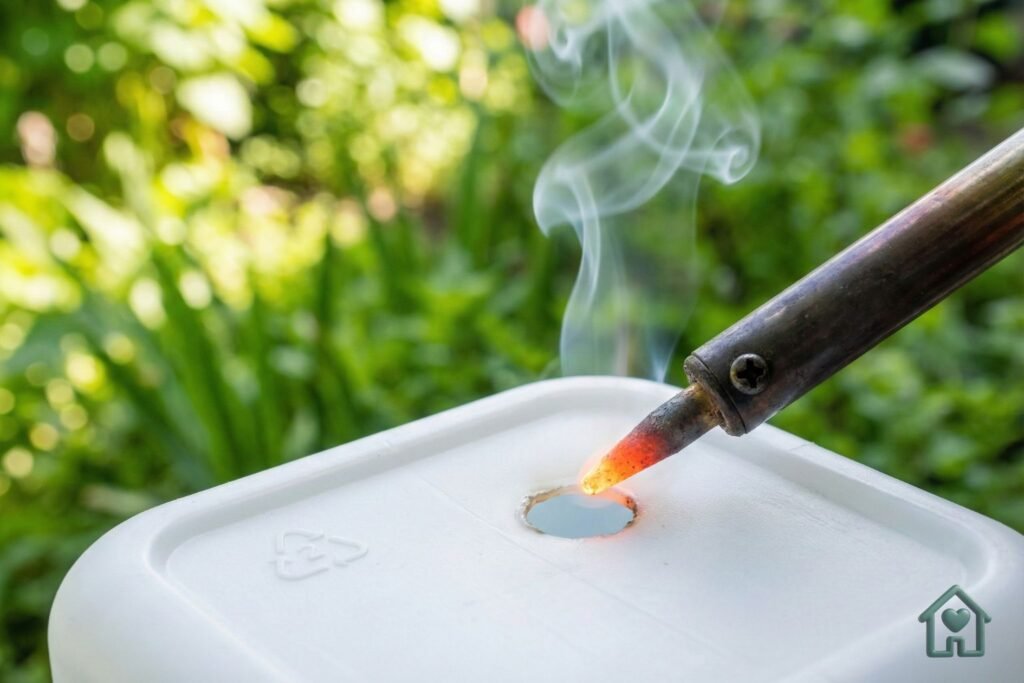 Ferro de solda fazendo furos de drenagem em vaso de plástico reciclado PEAD com acabamento profissional e seguro.