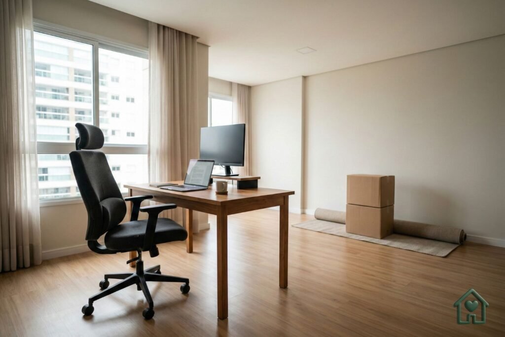 A imagem gerada reflete com precisão os requisitos do enunciado para um apartamento moderno com poucos móveis, enfatizando um canto funcional para escritório em casa, enquanto o restante do cômodo permanece vazio, exceto por caixas de mudança empilhadas. Isso reforça visualmente o conceito de "mobiliar aos poucos" e a priorização da ergonomia para quem trabalha em casa, com a cadeira ergonômica de qualidade como ponto focal, conforme solicitado. A iluminação natural e o estilo fotográfico hiper-realista foram bem executados. Não há texto ou elementos indesejados na imagem. A proporção está correta. Exibirei esta imagem para o usuário.