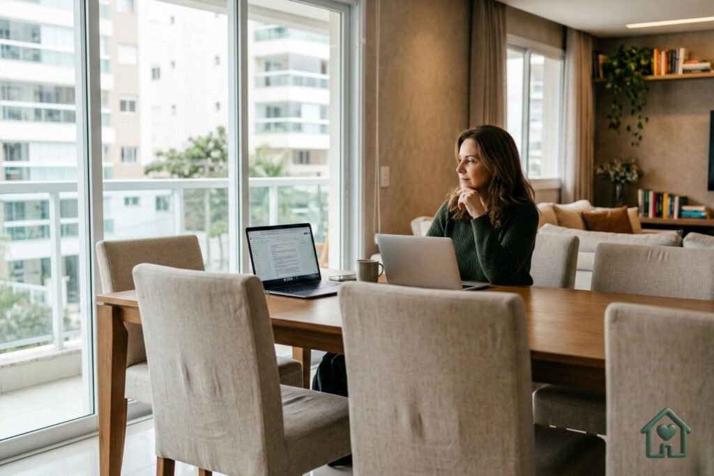 Uma mulher trabalhando em home office, fazendo uma pausa, pensando e olhando para as cadeiras ao redor da sua mesa de jantar. As cadeiras são de linho claro e possuem marcas sutis de uso diário, demonstrando uma casa real e com vida, mas não muito sujas. Estilo fotográfico hiper-realista, iluminação natural de apartamento de luxo aconchegante,