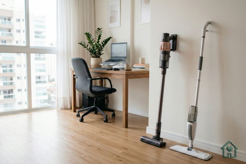 Uma cena de home office moderno e limpo. No canto da sala, sutilmente posicionado, há um aspirador vertical sem fio de design elegante e um mop spray moderno encostado na parede, prontos para uso. O ambiente tem iluminação natural, chão de madeira impecável e uma mesa de trabalho organizada ao fundo. Estilo fotográfico hiper-realista, acolhedor e prático
