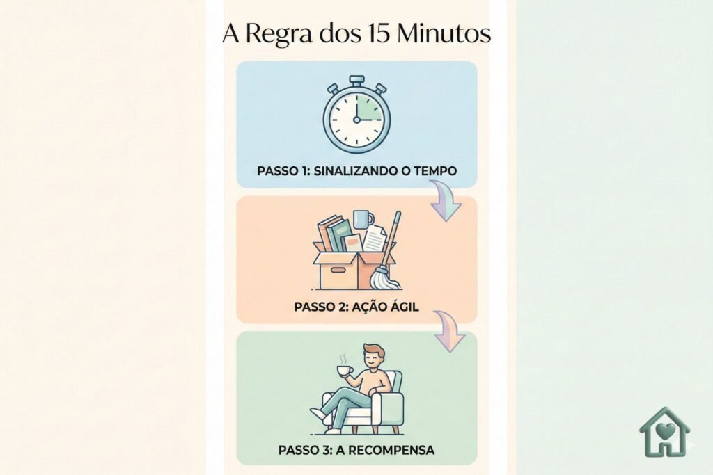 Um infográfico vertical, minimalista e elegante em tons pastéis com o título "A Regra dos 15 Minutos". O design deve ter 3 passos conectados por setas: Passo 1 com ícone de um cronômetro (Sinalizando o tempo), Passo 2 com ícone de itens sendo organizados em uma caixa (Sinalizando a ação ágil), Passo 3 com ícone de uma pessoa relaxando com uma xícara de café (Sinalizando a recompensa). Estilo moderno, limpo, ícones vetoriais de alta qualidade