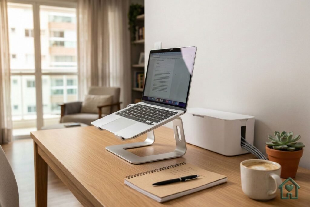 Uma mesa de home office minimalista e extremamente organizada. O foco da imagem está em um notebook apoiado em um elegante suporte ergonômico de alumínio. Ao lado, há uma caixa organizadora de cabos (cable box) discreta na cor branca, escondendo os fios. Em cima da mesa, uma pequena xícara de café e um bloco de notas. Iluminação natural suave, estilo fotográfico hiper-realista, paleta de cores neutras e amadeiradas,