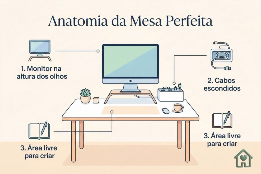 Um infográfico elegante e minimalista em tons pastéis com o título "Anatomia da Mesa Perfeita". O design mostra a ilustração de uma mesa vista de frente, com linhas apontando para 3 itens cruciais: 1. Monitor na altura dos olhos (Ícone de suporte), 2. Cabos escondidos (Ícone de caixa organizadora), 3. Área livre para criar (Ícone de espaço vazio com um bloco de notas). Estilo vetorial limpo, moderno, focado em alta conversão e fácil leitura