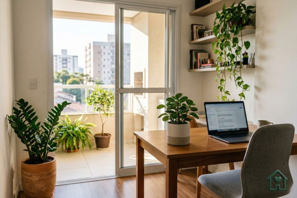 Uma visão acolhedora de um home office integrado a uma pequena sacada iluminada. Na mesa de trabalho de madeira, há um notebook e um pequeno vaso minimalista com uma planta Peperômia saudável. Ao fundo, uma prateleira com uma linda planta Jiboia com folhas pendentes e, no chão, um vaso com Zamioculcas. O ambiente transmite paz, ar puro e produtividade. Estilo fotográfico hiper-realista, iluminação natural matinal, tamanho 1536 x 1024, sem letras ou palavras escritas.