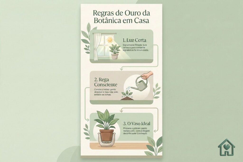 Um infográfico vertical, elegante e minimalista em tons de verde pastel e bege com o título "Regras de Ouro da Botânica em Casa". O design tem 3 blocos visuais: 1. Luz Certa (Ícone de um sol filtrado por uma janela), 2. Rega Consciente (Ícone de um regador pequeno focado no solo, não nas folhas), 3. O Vaso Ideal (Ícone mostrando a planta em um vaso de plástico dentro de um cachepô decorativo). Estilo vetorial limpo, moderno, fácil leitura