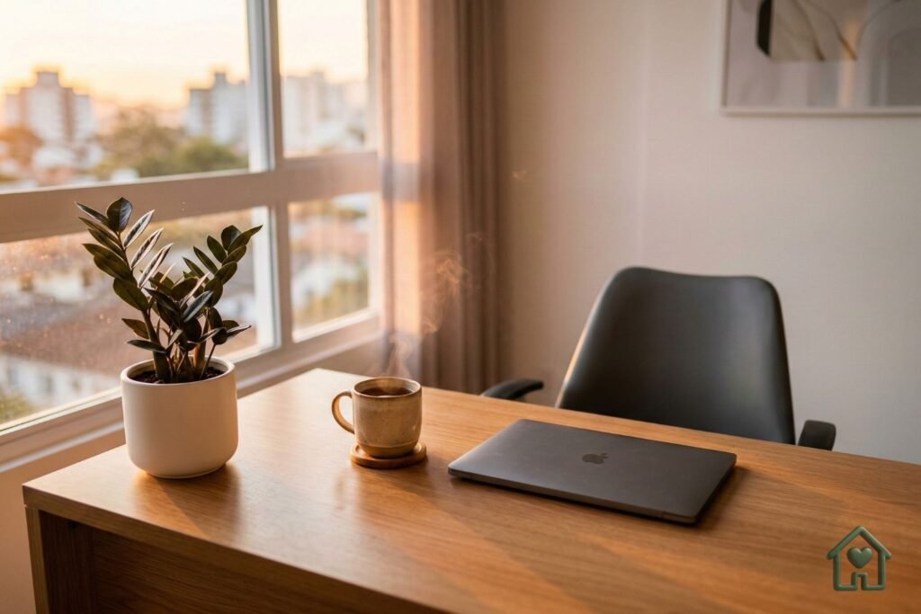 Uma cena aconchegante de fim de tarde em um home office moderno e limpo. O notebook sobre a mesa de madeira está fechado, sinalizando o fim do expediente. A luz do pôr do sol entra suavemente pela janela, iluminando uma xícara de chá fumegante e um vaso com uma planta Zamioculca saudável. O ambiente transmite uma forte sensação de dever cumprido, paz e relaxamento. Estilo fotográfico hiper-realista, paleta de cores quentes (golden hour),