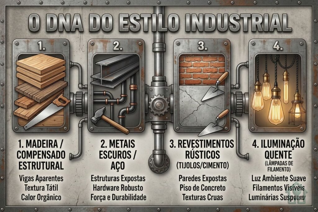 1: Um esquema visual (estilo mapa mental) intitulado "O DNA do Estilo Industrial". Deve conter 4 grandes pilares com ícones: 1. Madeira/Compensado Estrutural, 2. Metais Escuros/Aço, 3. Revestimentos Rústicos (Tijolos/Cimento), 4. Iluminação Quente (Lâmpadas de Filamento). Formato vertical, ideal para compartilhamento no Pinterest.