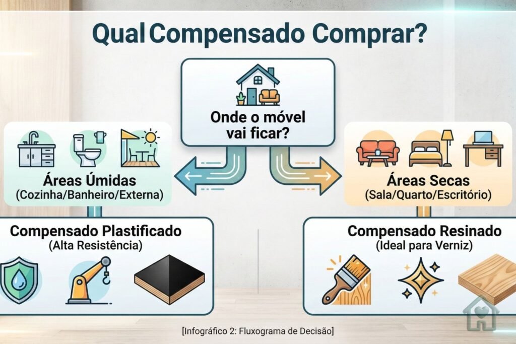 Infográfico explicativo em formato de fluxograma ajudando a escolher entre compensado plastificado e resinado de acordo com a umidade do ambiente, focado em durabilidade para móveis estilo industrial.

Infográfico 2: Um fluxograma de decisão com o título "Qual Compensado Comprar?". Começa com a pergunta: "Onde o móvel vai ficar?". Seta para "Áreas Úmidas (Cozinha/Banheiro/Externa)" -> Leva a "Compensado Plastificado (Alta Resistência)". Seta para "Áreas Secas (Sala/Quarto/Escritório)" -> Leva a "Compensado Resinado (Ideal para Verniz)". Design limpo com ícones modernos.]