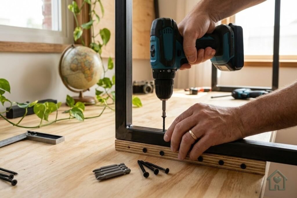 Foco em primeira pessoa (POV) de uma mão segurando uma parafusadeira a bateria moderna, fixando uma haste de metalon preto fosco em uma chapa de compensado claro, com parafusos pretos. Algumas lascas de madeira e serragem ao redor para dar um ar de "trabalho em andamento" (DIY)

Montagem DIY de móveis de compensado no estilo industrial. Fixação segura utilizando parafusos específicos para madeira e metalon preto. 