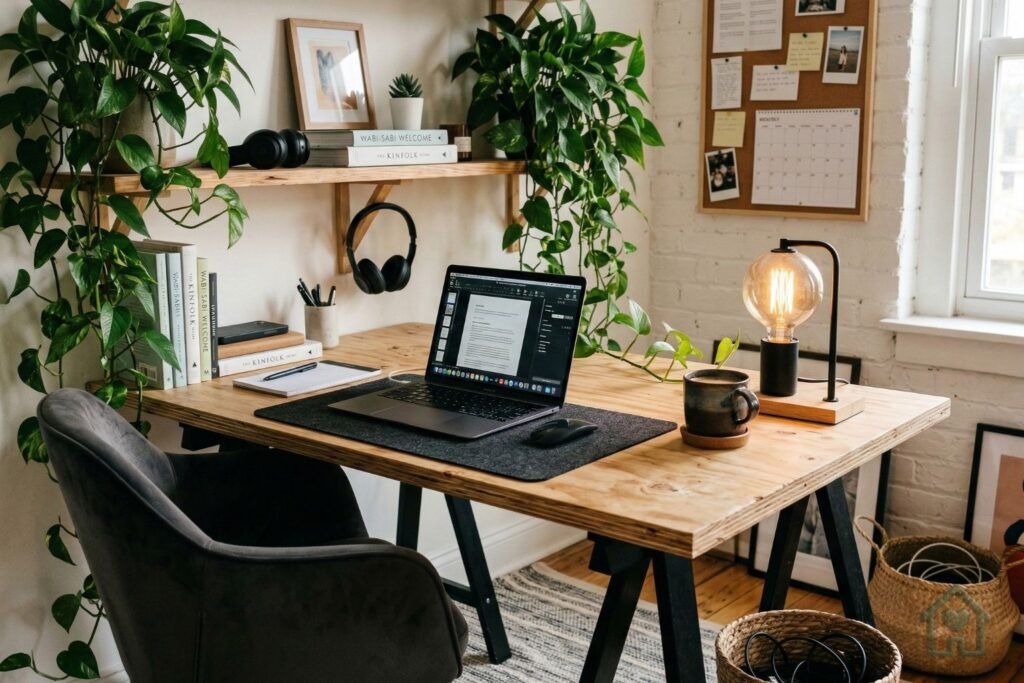 Home office completo decorado no estilo industrial com mesa de compensado e cavaletes de metalon. Conforto e produtividade para o seu dia a dia. Encontre dicas de decoração no blog Seu Lar Seu Mundo.
