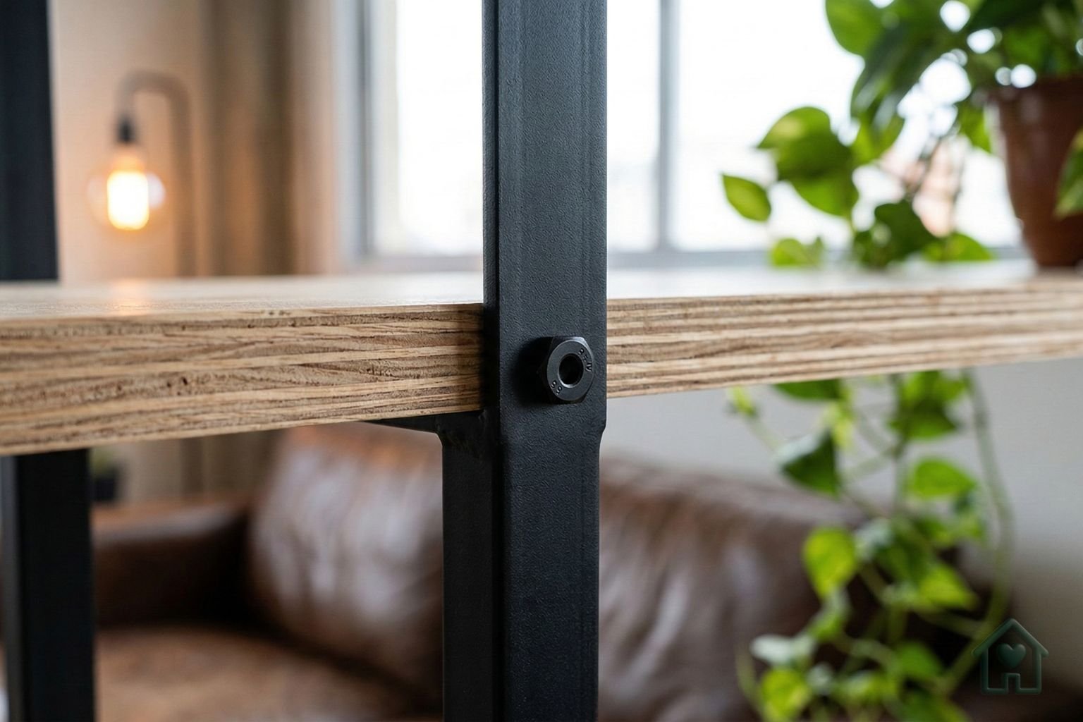 Close-up detalhado da borda multilaminada exposta e visível de uma prateleira de madeira rústica, destacando a estrutura em camadas característica de chapas de compensado, fixada a um suporte de metal preto por um parafuso Allen preto exposto. Fundo desfocado de sala de estar aconchegante com sofá de couro, planta e luminária.