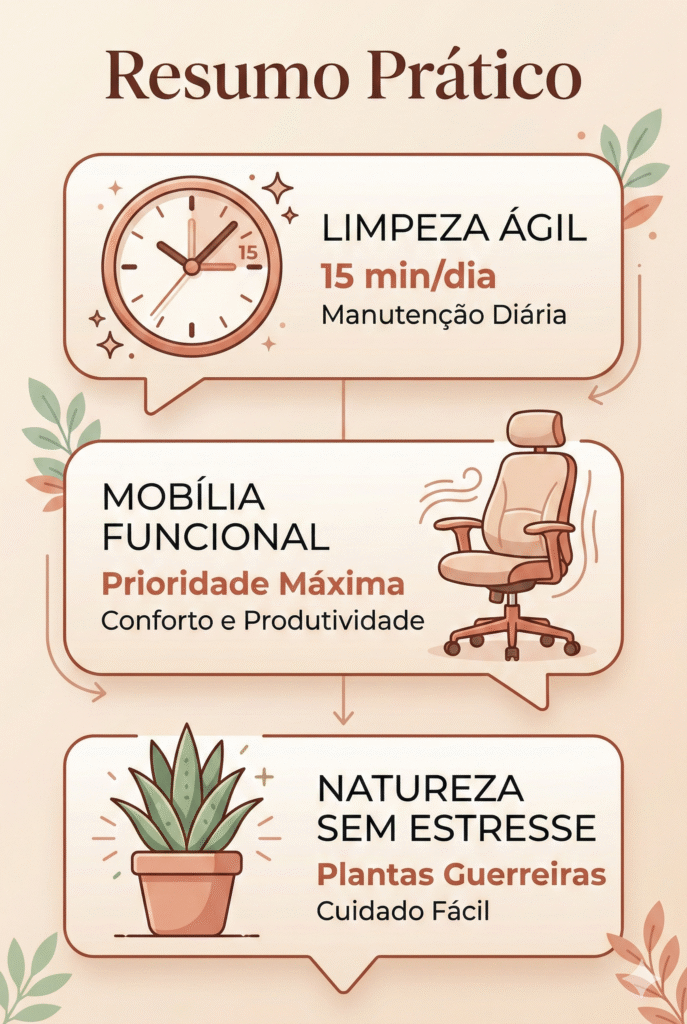Um infográfico vertical elegante, estilo 'FAQ Visual', em tons pastéis de bege e terracota. Título: 'Resumo Prático'. Contém 3 balões de diálogo modernos. Balão 1: Ícone de um relógio com '15 min/dia' (Foco na limpeza). Balão 2: Ícone de uma cadeira ergonômica (Foco na prioridade de mobília). Balão 3: Ícone de um cacto/suculenta (Foco nas plantas fáceis).