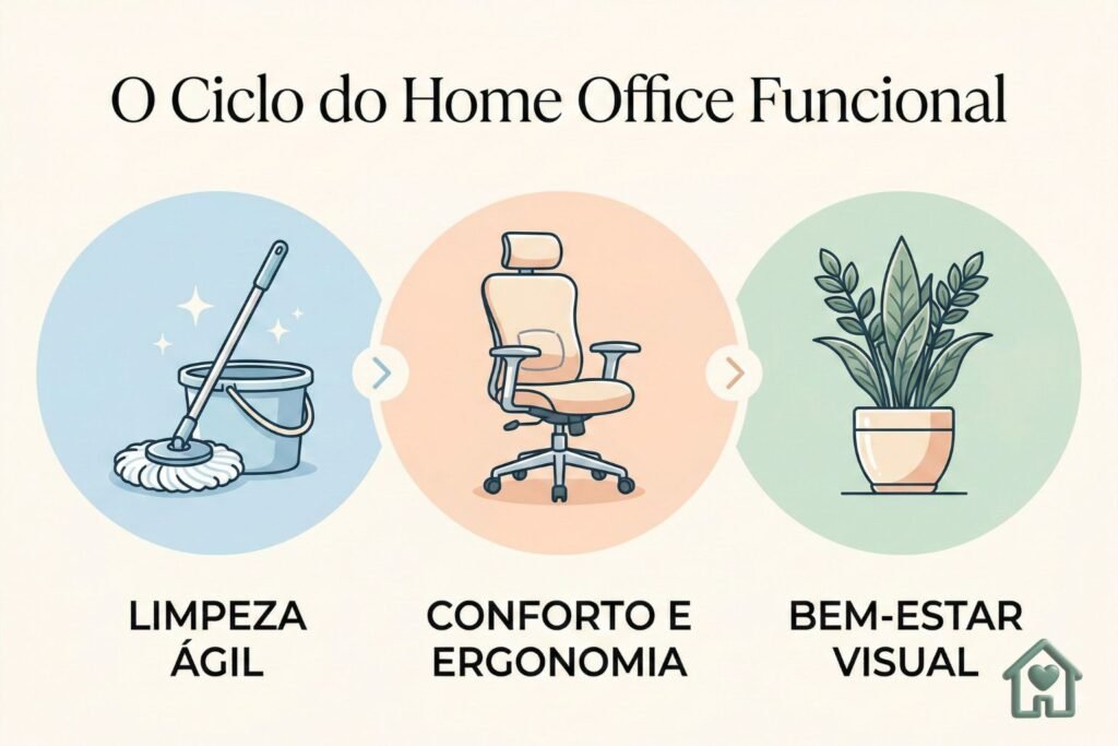 Um infográfico minimalista e elegante em tons pastéis com o título "O Ciclo do Home Office Funcional". Dividido em 3 ícones principais: 1. Limpeza Ágil (ícone de um mop), 2. Conforto e Ergonomia (ícone de uma cadeira confortável), 3. Bem-estar Visual (ícone de uma planta em um vaso).