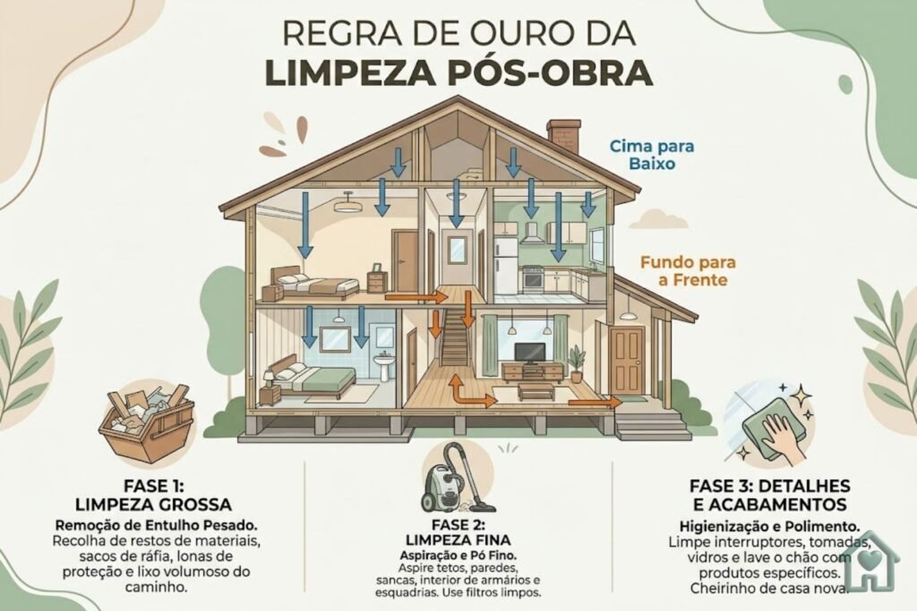 Um infográfico vertical com design clean e moderno, utilizando as cores da paleta do blog "Seu Lar Seu Mundo" (tons terrosos e verdes suaves). O visual mostra a "Regra de Ouro da Limpeza Pós-Obra". Uma ilustração de uma casa em corte transversal com setas indicando o fluxo: Setas azuis descendo do teto para o chão (Cima para Baixo) e setas laranjas indo do quarto nos fundos até a porta de entrada (Fundo para a Frente). Ícones minimalistas representam as 3 fases: 1. Caçamba de entulho, 2. Aspirador de pó, 3. Pano brilhando. Texto em português brasileiro legível e direto.