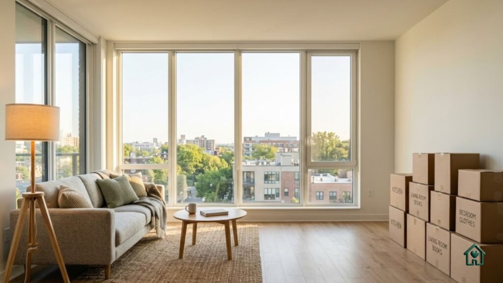 Uma sala de estar ampla e iluminada em um novo apartamento, banhada pela luz natural do sol que entra através de grandes janelas de vidro com vista para uma área urbana arborizada. O ambiente reflete o equilíbrio perfeito entre transição e conforto. No lado esquerdo, um espaço já montado e aconchegante conta com um sofá cinza claro, manta, almofadas, um tapete texturizado e uma mesinha de centro de madeira apoiando um livro e uma caneca, tudo sob a luz quente de uma luminária de piso. No lado direito, o espaço livre abriga caixas de papelão perfeitamente empilhadas e etiquetadas (com marcações como "Kitchen" e "Bedroom Clothes"). O clima geral é de serenidade e esperança, ilustrando o belo processo de recomeço e o início da organização do lar.