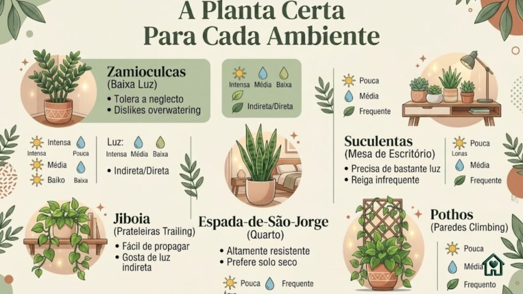 Infográfico ilustrado "A Planta Certa Para Cada Ambiente", que ensina como escolher e cuidar de Zamioculcas, Jiboias, Espadas-de-São-Jorge, Suculentas e Pothos. O material mostra o nível ideal de luz e água para cada espécie, servindo como um guia prático e visual para trazer mais vida à organização do lar e ao bem-estar diário.