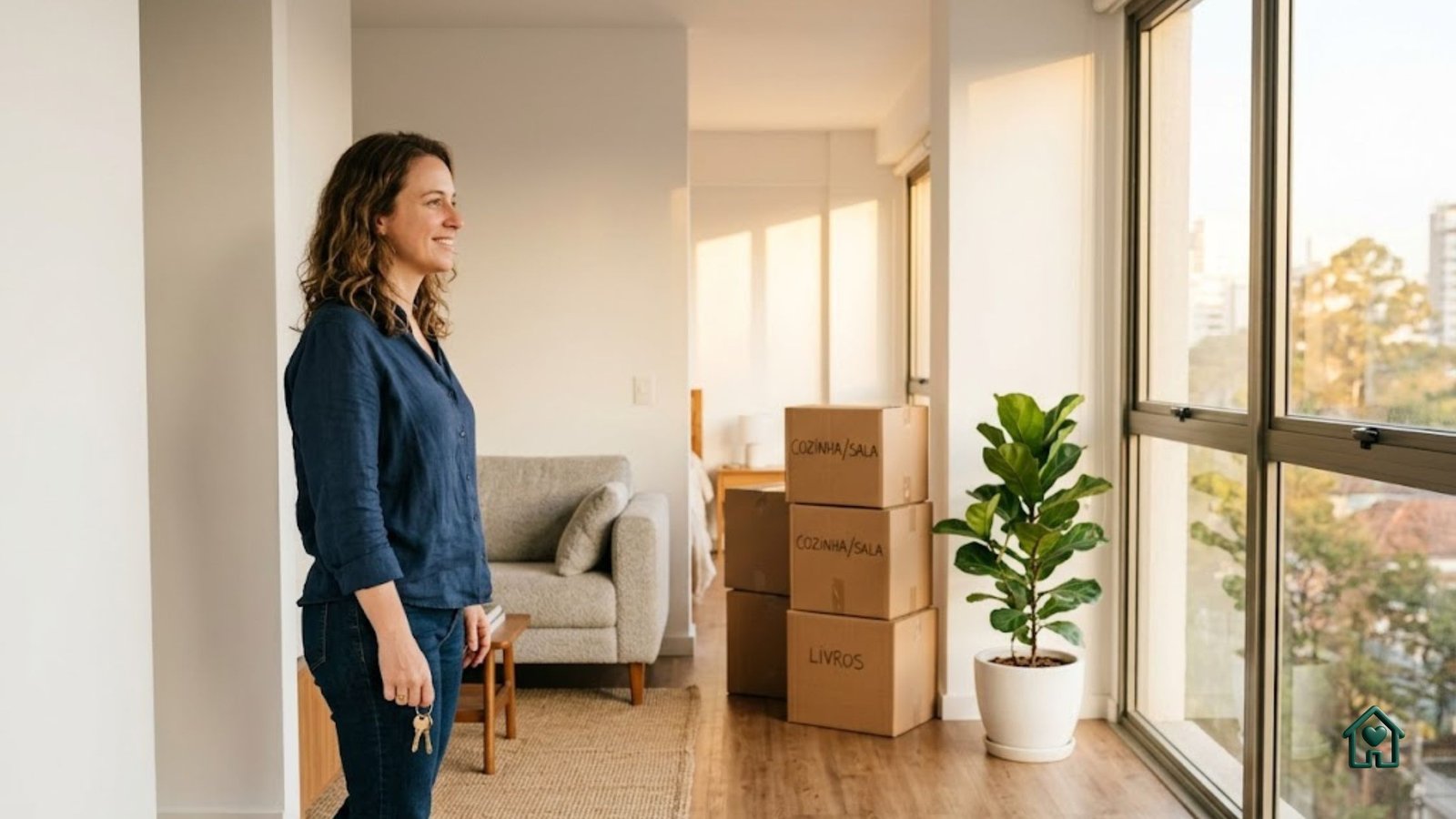 Mulher sorridente segura chaves na sala iluminada de um novo apartamento, com caixas de mudança empilhadas e uma planta ao lado. A cena ilustra o início da jornada de organização do lar.
