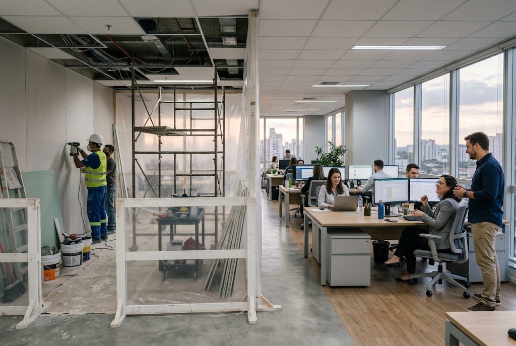 Escritório em reforma corporativa sem parar a operação, com área de obra isolada por tapume e equipe trabalhando ao lado
Descrição	Imagem que ilustra uma reforma corporativa sem parar a operação: uma barreira vedada separa a frente de obra da área administrativa, permitindo que a equipe siga trabalhando durante a intervenção.
Legenda	Obra de um lado, empresa funcionando do outro. O isolamento bem executado é o que torna isso possível.