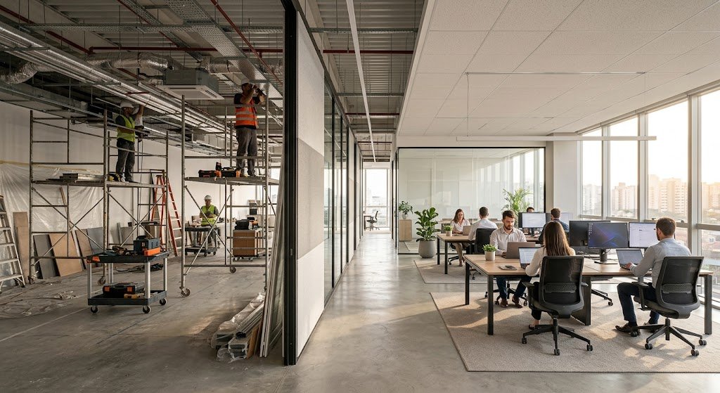 Um escritório moderno de plano aberto dividido por uma divisória de vidro, com trabalhadores de construção em andaimes no lado esquerdo e funcionários de escritório trabalhando em mesas no lado direito, ilustrando uma reforma corporativa sem parar a operação.